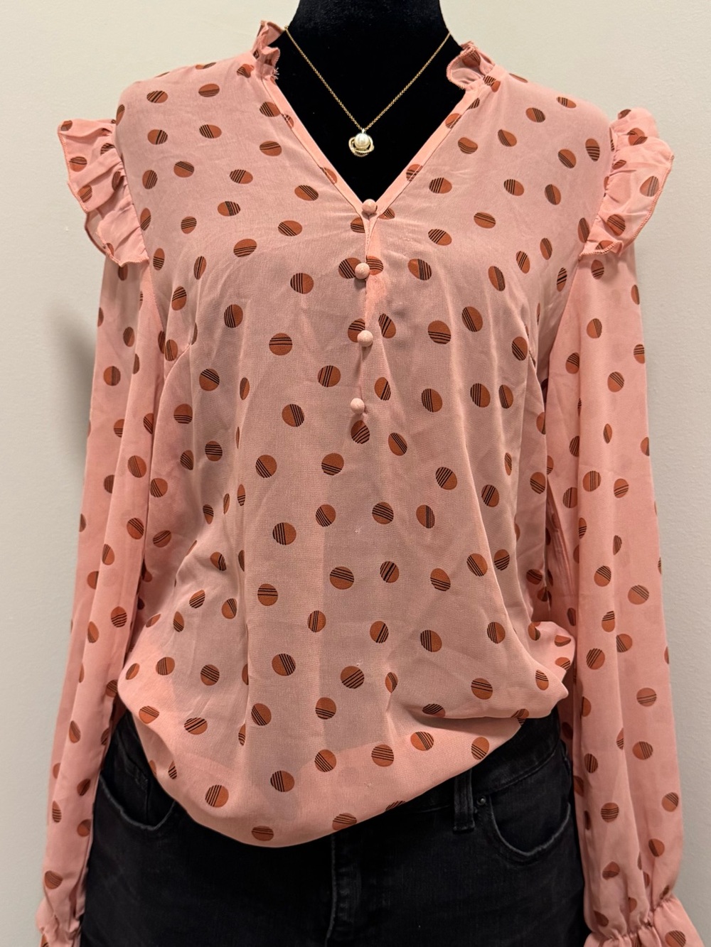 Pink Blouse with Brown Polka Dots and Ruffle Sleeves